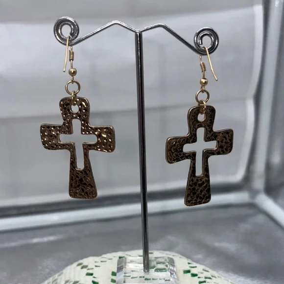 Hammered Gold Cross Earrings - Picture 3 of 3